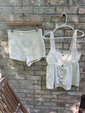 Free People Cream Textured Smocked Button-Front Tank and Shorts Set